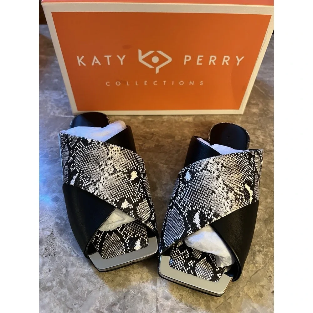 Checked In Slide Sandal Black White Soft FauxNappa Snake Embossed NEW Sz 11 Shoe